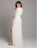 Lara Ivory Blair Long Sleeve Beaded Surplice Sheath Gown 51007