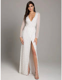 Lara Ivory Blair Long Sleeve Beaded Surplice Sheath Gown 51007