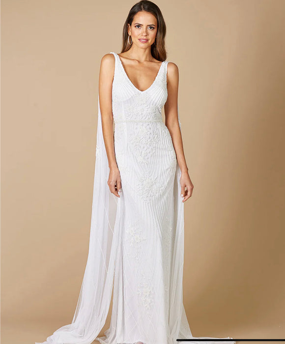 Lara Ivory Gia Beaded Tank with Streamers Wedding Gown 51055 Moreno's Wear Lara Ivory Gia Beaded Tank with Streamers Wedding Gown 51055 Moreno's Wear