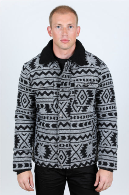 Men’s Platini Black/White Ethnic Aztec Quilted Fur Lined Jacket