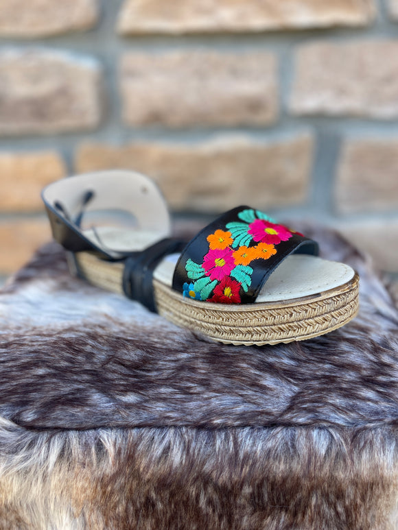 Women’s Black Floral Handmade Lace-Up Sandals