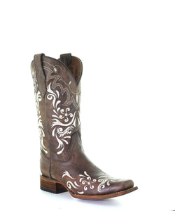 Women's Circle G by Corral Brown/White Embroidery Square Toe Boots L5646