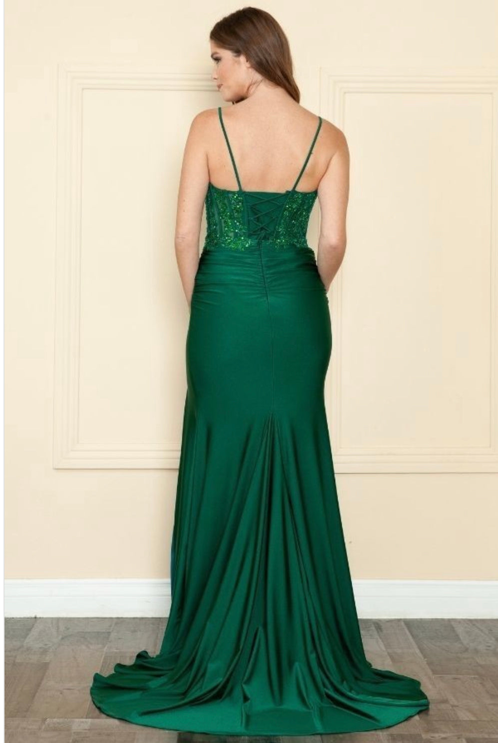 green emerald velvet dress Poly USA 9410 Applique Sleeveless Layered Slit Gown