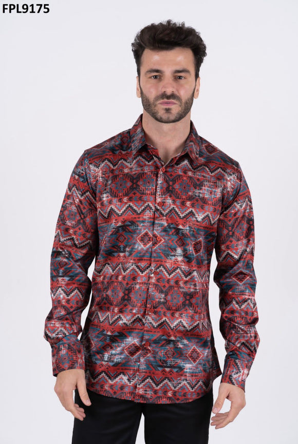 Men's Platini Satin Burgundy Aztec Shirt