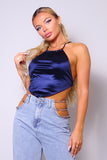 Jazmin Navy Sexy Spaghetti Strap Halter Scarf Top