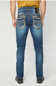 Men’s Platini Embroidered Medium Blue Slim Boot Cut Jeans