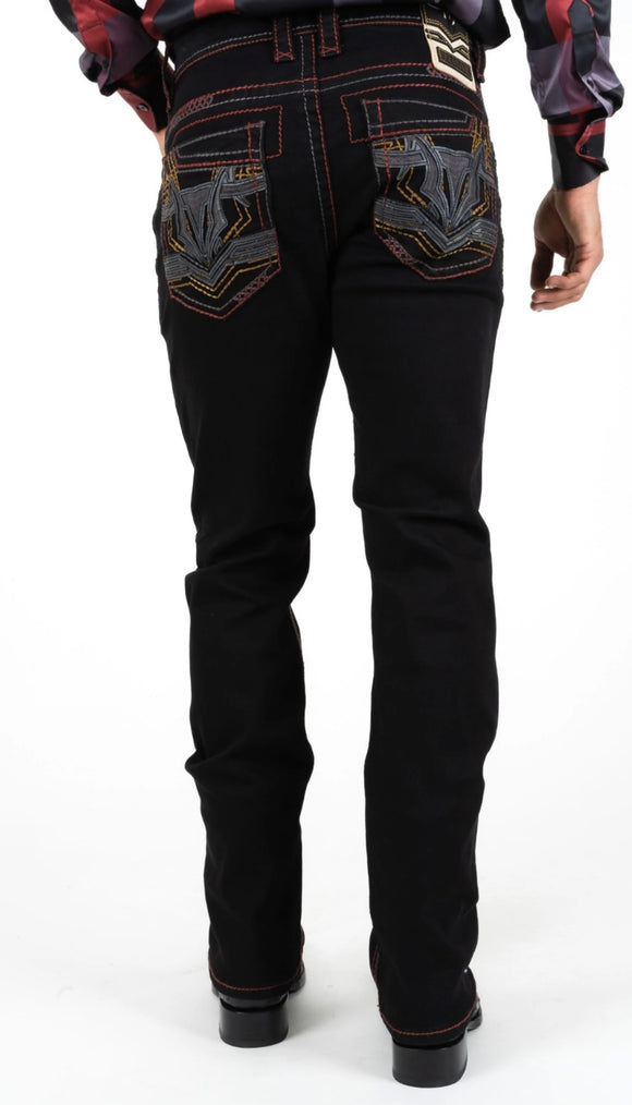 Men's Platini Red Embroidered Black Slim Boot Cut Jeans – Moreno's