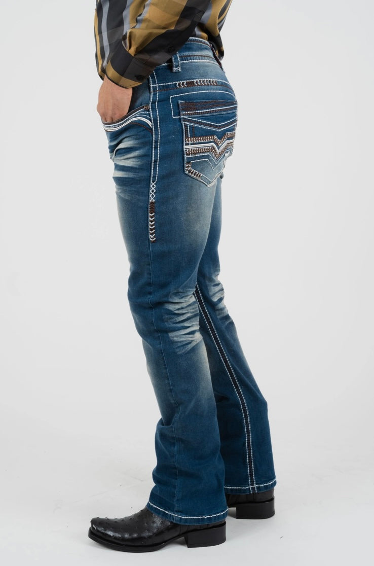 Men's Platini Brown Embroidered Blue Slim Boot Cut Jeans