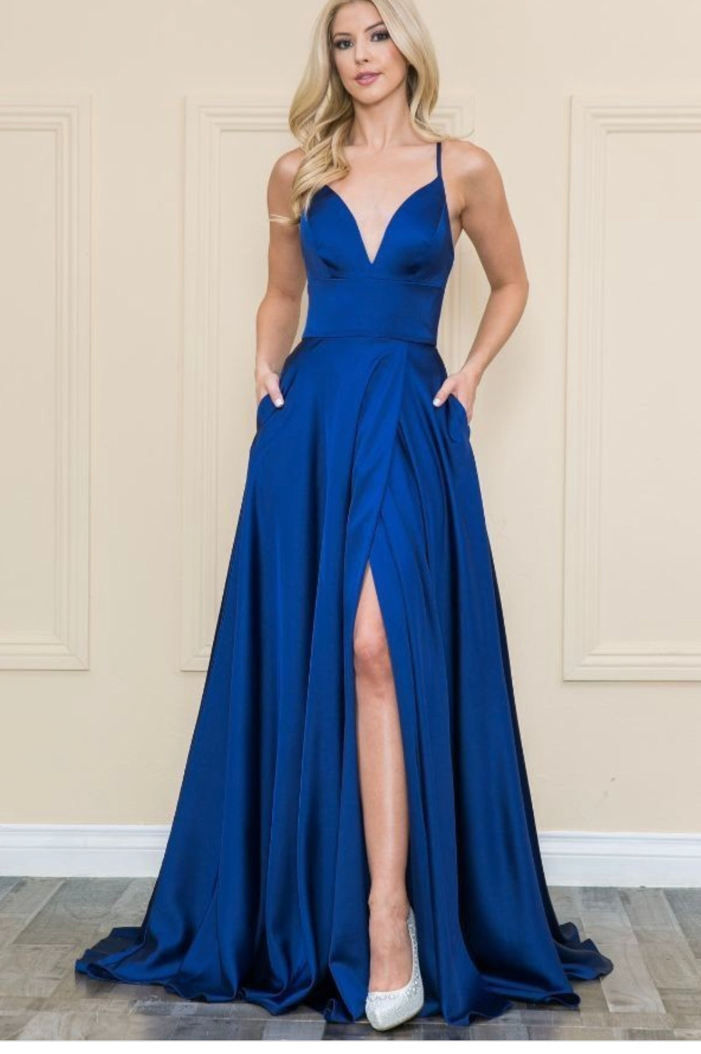 usa formal dresses Poly USA 8892 Fitted Rhinestone Deep V-Neck Gown