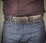 Men's Dark Brown Floral Design Western Belt