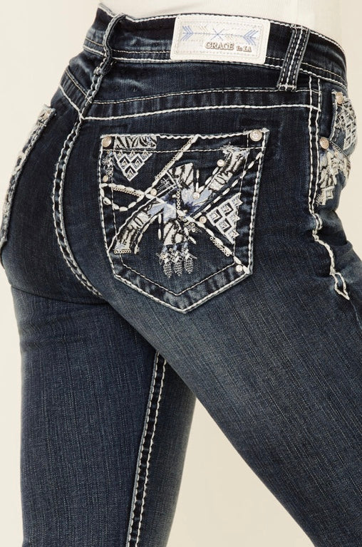 Grace in LA Medium Wash Embroiderd Bootcut Jeans