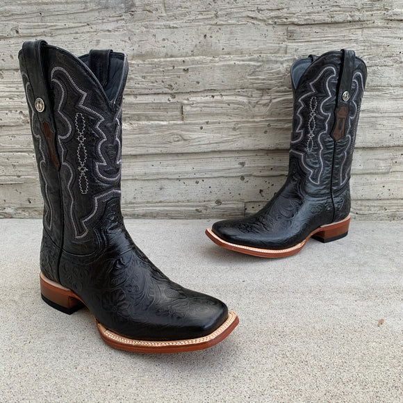 Men's Tanner Mark Black Hand Tooled Print Wide Square Toe Boots