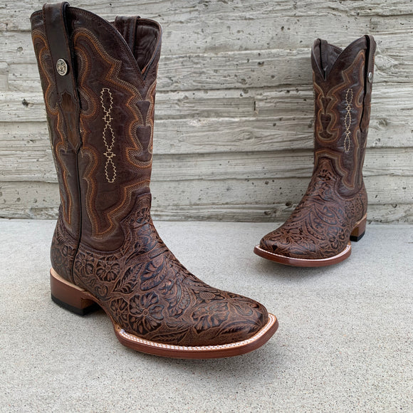Men's Tanner Mark Brown Hand Tooled Print Wide Square Toe Boots
