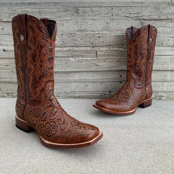 Men's Tanner Mark Cognac Hand Tooled Print Wide Square Toe Boots