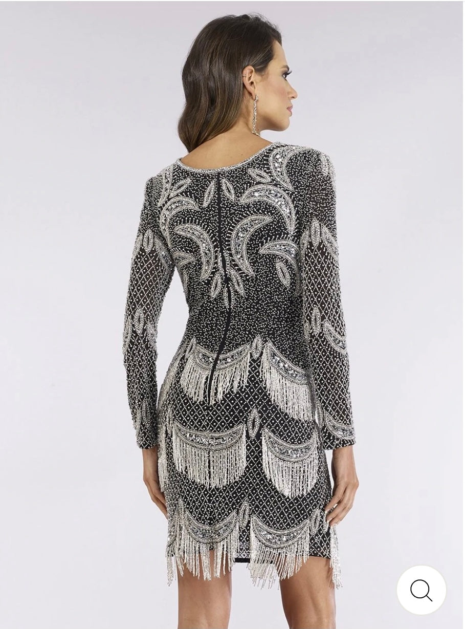 Lara 29377 Long sleeve beaded v neck fringe cocktail dress Moreno's Wear Lara 29377 Long sleeve beaded v neck fringe cocktail dress Moreno's Wear