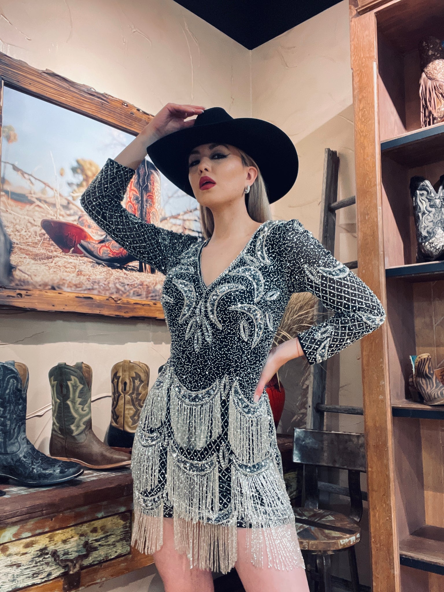 Lara 29377 Long sleeve beaded v neck fringe cocktail dress Moreno's Wear Lara 29377 Long sleeve beaded v neck fringe cocktail dress Moreno's Wear