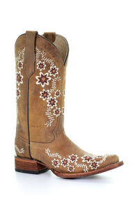 Circle G Tan Floral Embroidery Square Toe Boots L5382