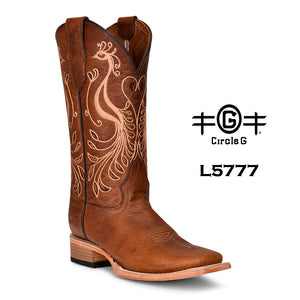 Circle G Brown Beige Peacok Embroidery Wide Square Toe Boots L5777